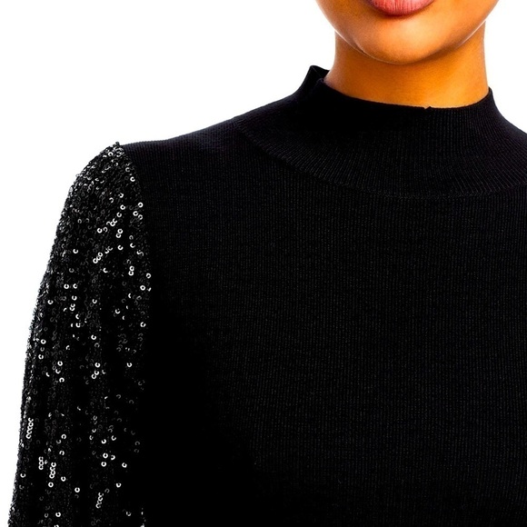Tahari black mock neck top with sequin sleeves. Hand Washable. Size M. NWT. - Picture 4 of 9